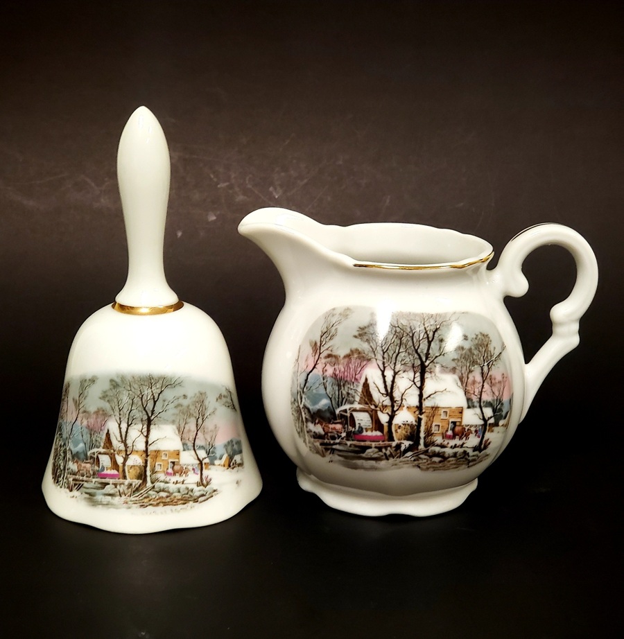 Vintage Avon Products Ltd Currier & Ives Pattern Porcelain Creamer and Decorative Bell, Made in Japan