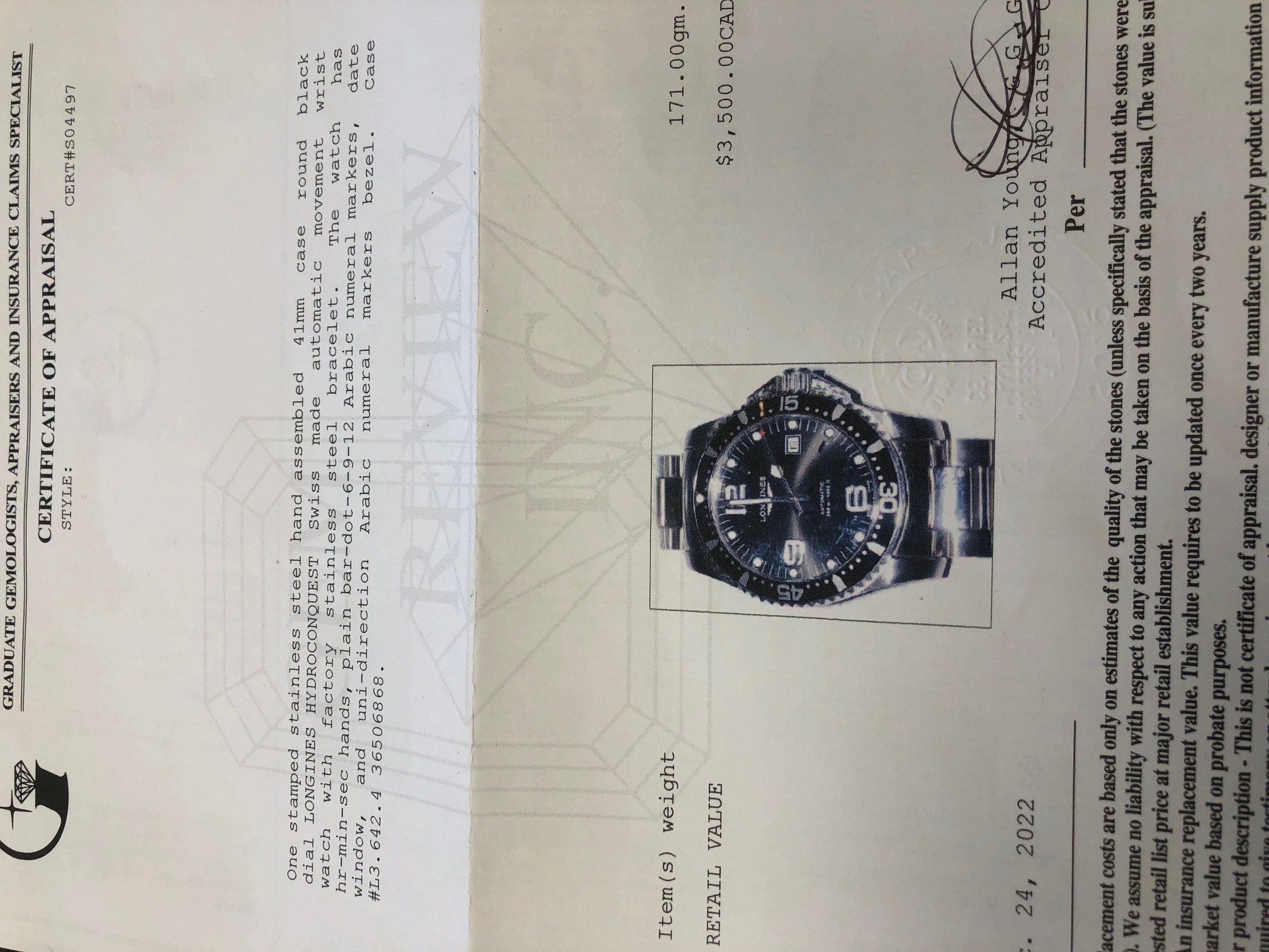 Longiness Hydro Conquest Watch Appraised 3,500.00 Cdn Property Room