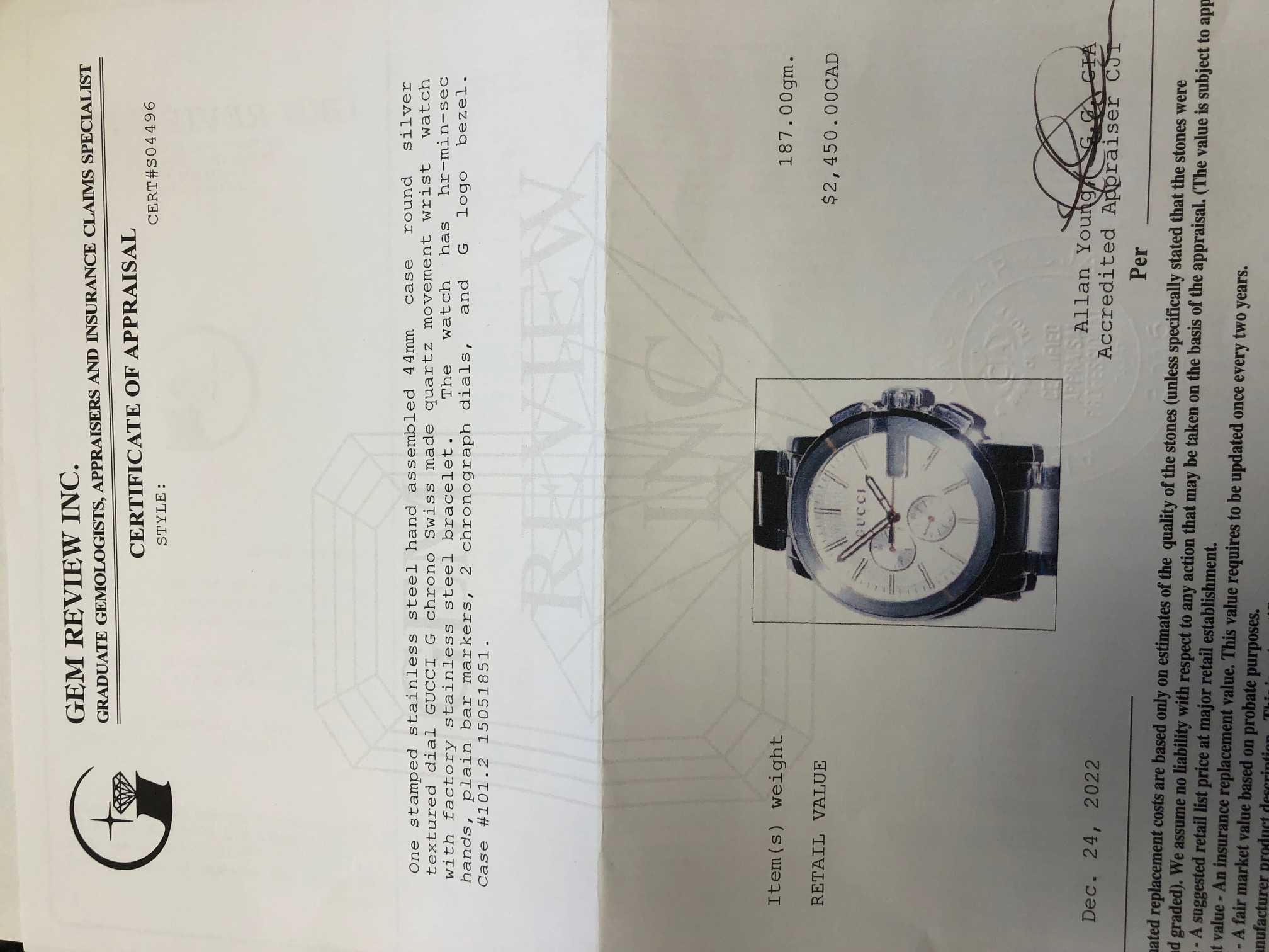 Gucci Chrono Swiss Watch Appraised 2,450.00 Cdn Property Room