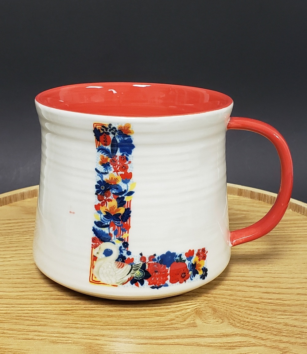Anthropologie Floral Monogram "L" By Nathalie Lete Red Interior Ceramic Mug