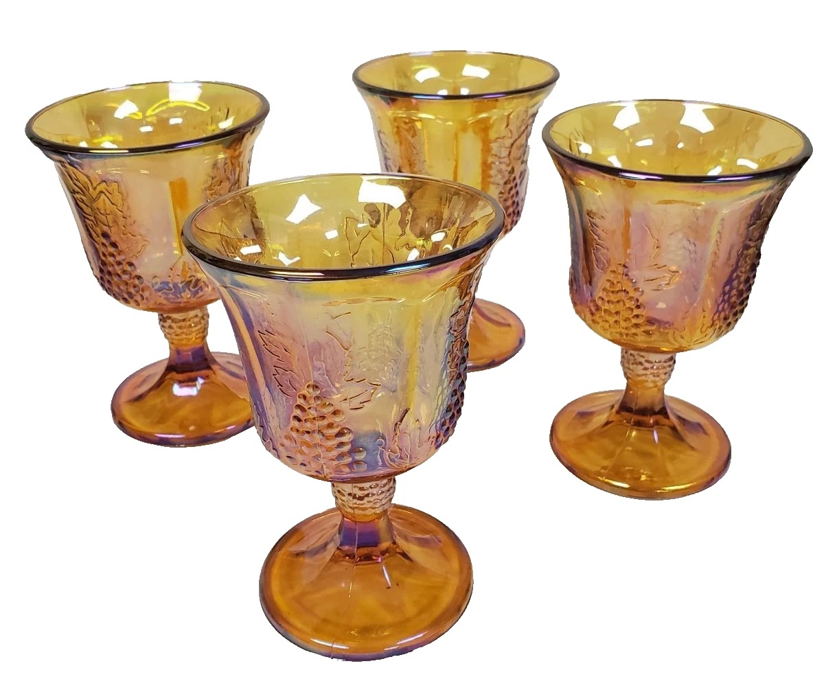 4 Vintage Indiana Glass Marigold Carnival Goblet Harvest Grape Pattern USA