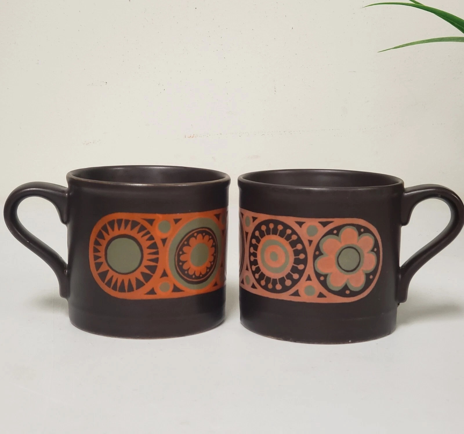 Staffordshire Kiln Craft Hermes Ironstone Hand Painted Geometric Two Brown Mugs