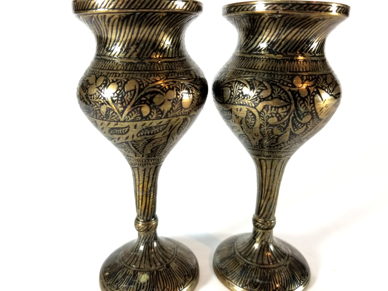 2 Small Solid Brass Hand Made Etched Pedestal Vases Property Room