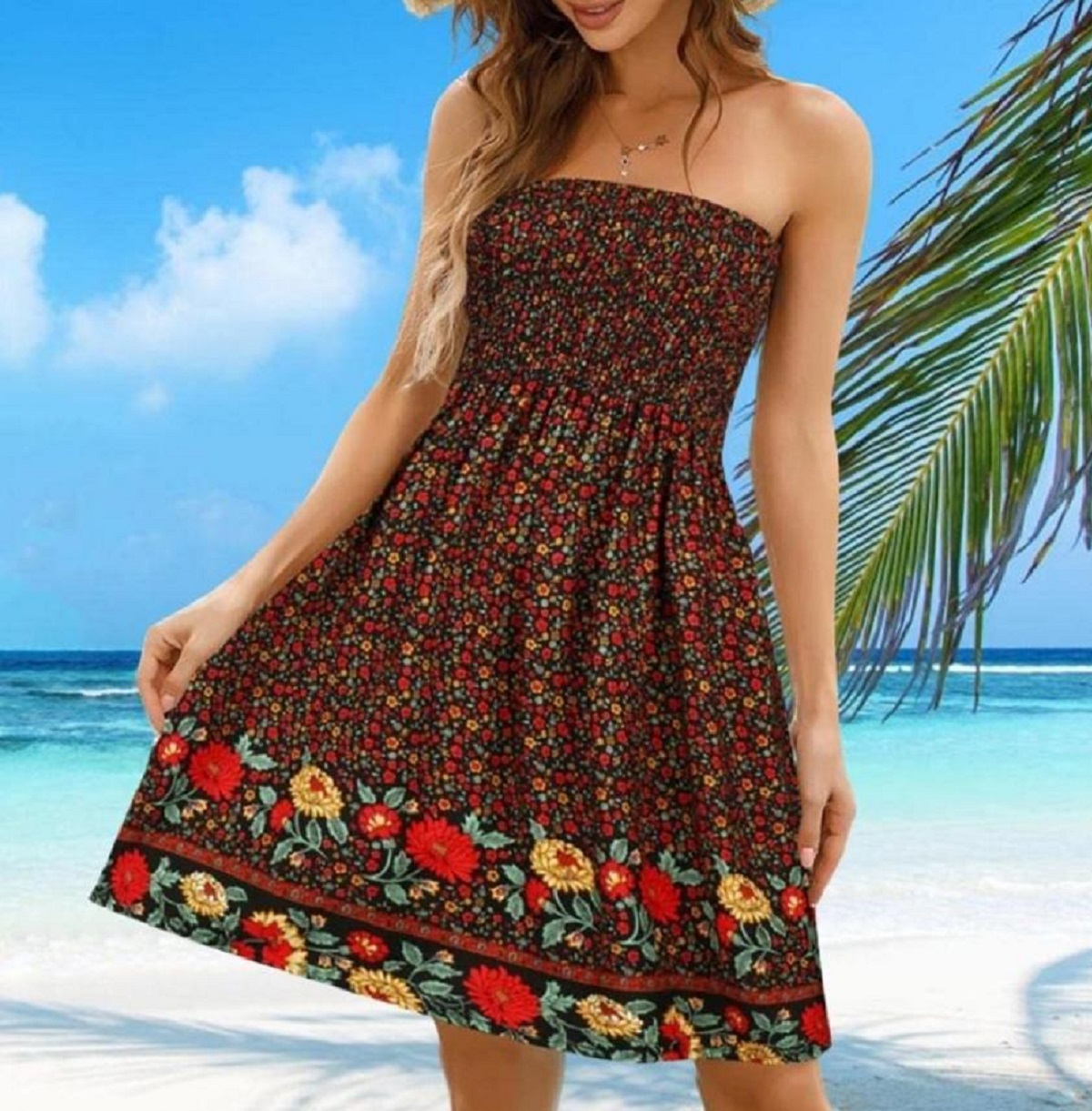 Women's Ditsy Floral Print Strapless Midi Dress Beach Coverup Size S