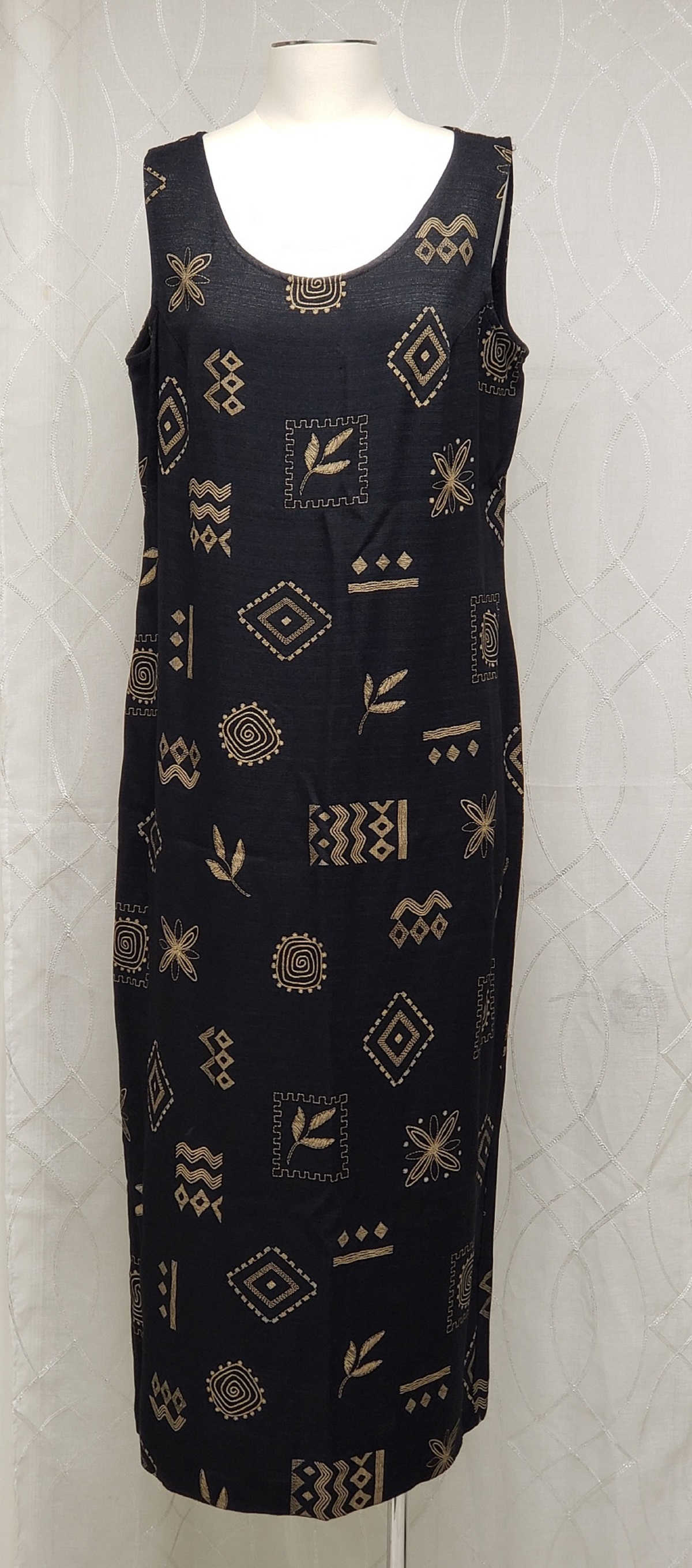SOPHISTICATE Black Ethnic Pattern Short Sleeves Slit/Zip Back Women's Maxi Sun Dress Sz 14, Made in Canada