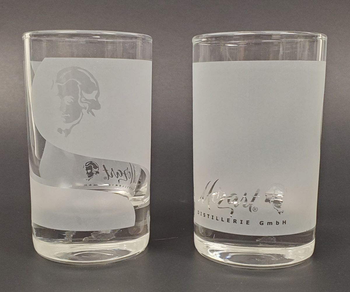 2 Vintage Austria Mozart Distillerie Shot Glass With Frosted Design and Logo
