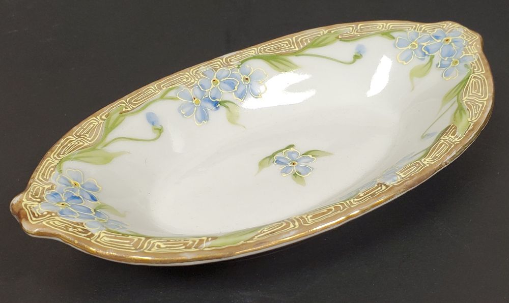 Vintage Hand Painted Nippon Fine Bone China Oval Dish 7.5" w Gold Gild