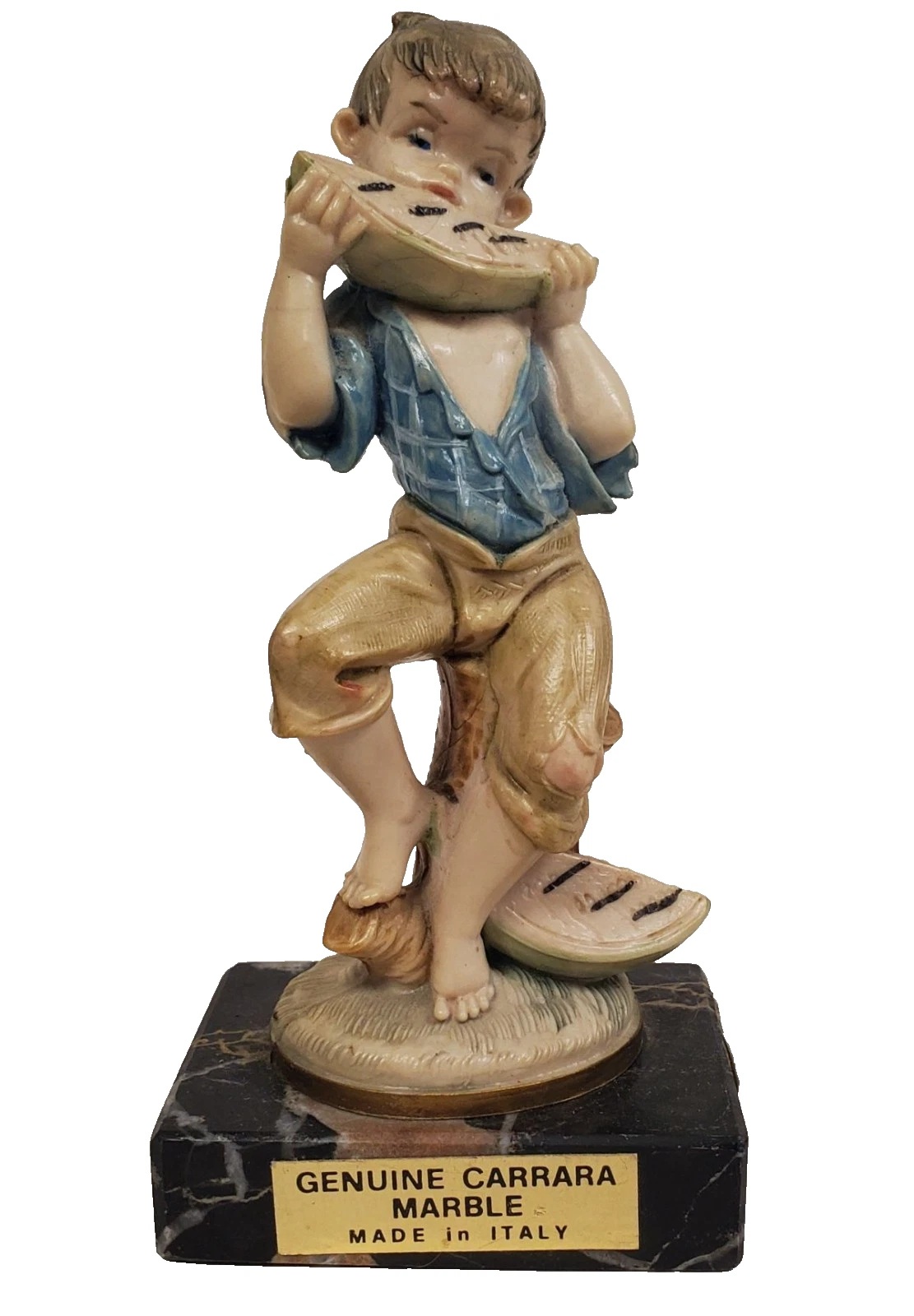 Vintage Fontanini Depose 1 Italy Genuine Carrara Marble Figurine Boy Eating Watermelon 4.75"