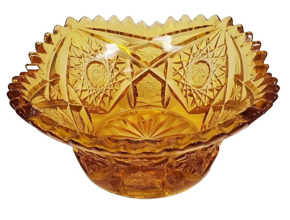 Vintage 1970's L E Smith Sunflower Sunburst Sawtooth Edge Sunburst Amber Dish