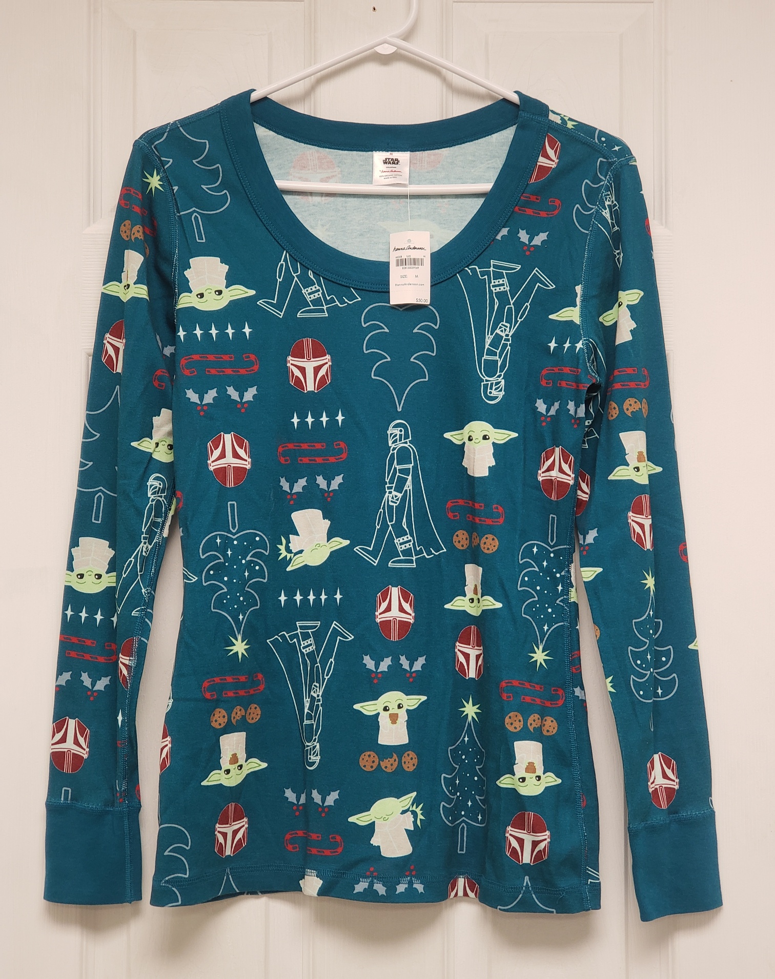 NWT STAR WARS Collection By Hanna Andersson The Mandalorian Christmas Themed Teal Green Long Sleeves Ladies Pajama Top Sz M, Made in Peru