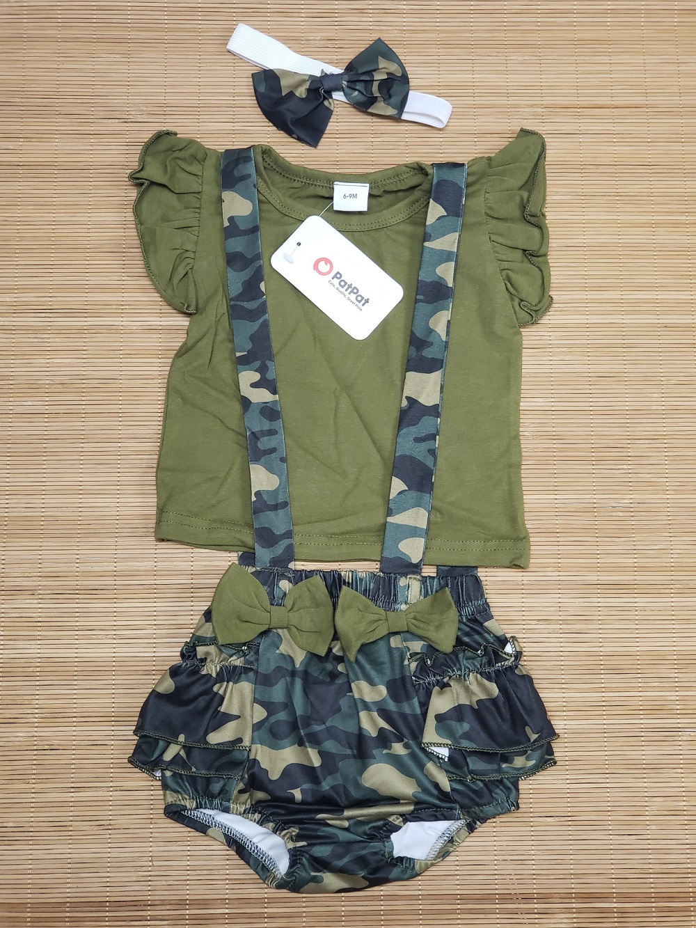 PatPat 3-Pcs Army Green Ruffle Sleeves Top Camo Romper Shorts + Headband Sz 6-9M