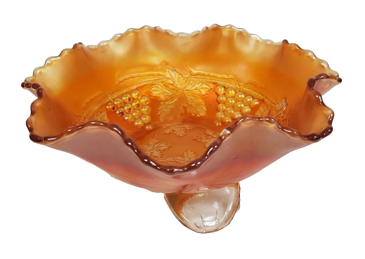 VTG Fenton Carnival Glass Vine Leaf Marigold Stag & Holly Ruffled Footed Bowl
