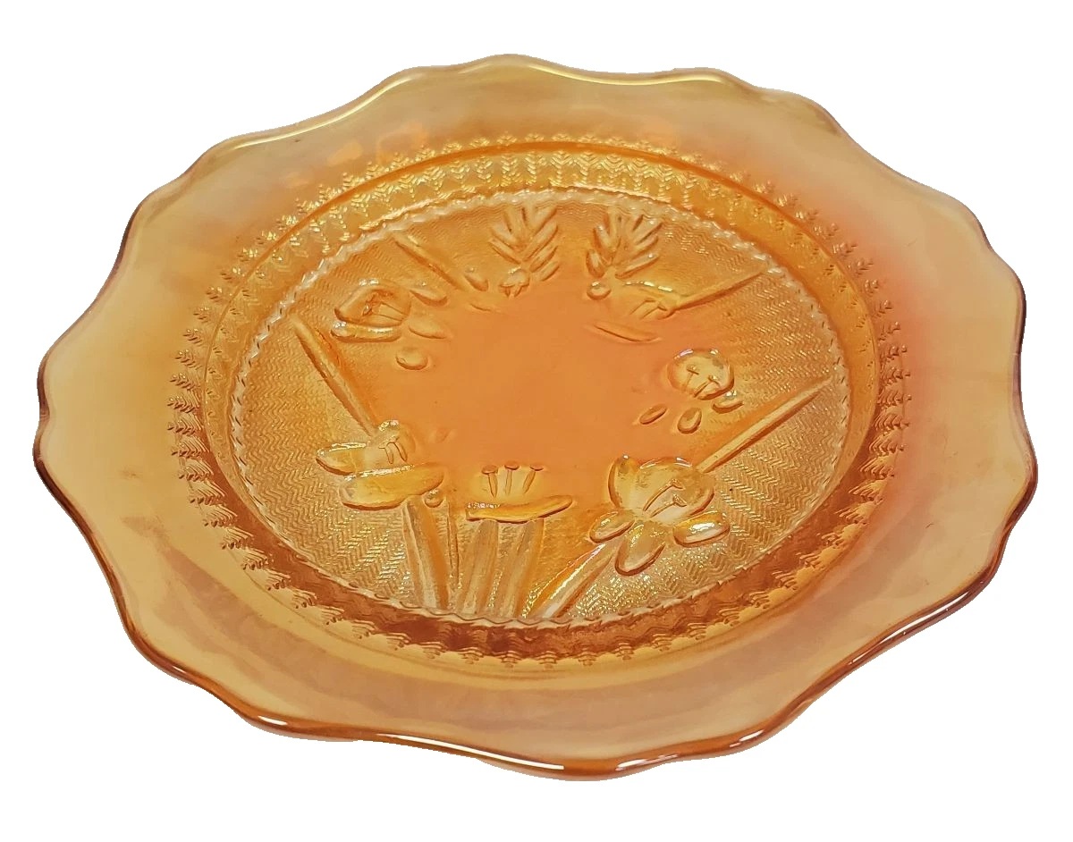 VTG USA Jeannette Carnival Marigold Glass Iris & Herringbone Pattern Plate 6 5/8"