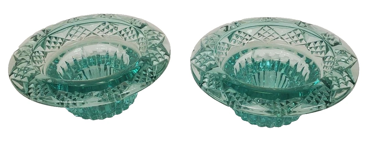 VTG Indonesia ALI Pair Emerald Pressed Glass Candle Stick Holders