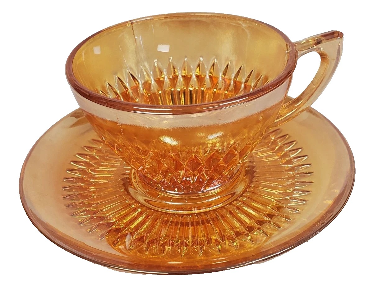 Vintage USA Jeannette Marigold Carnival Glass Tea Cup and Saucer