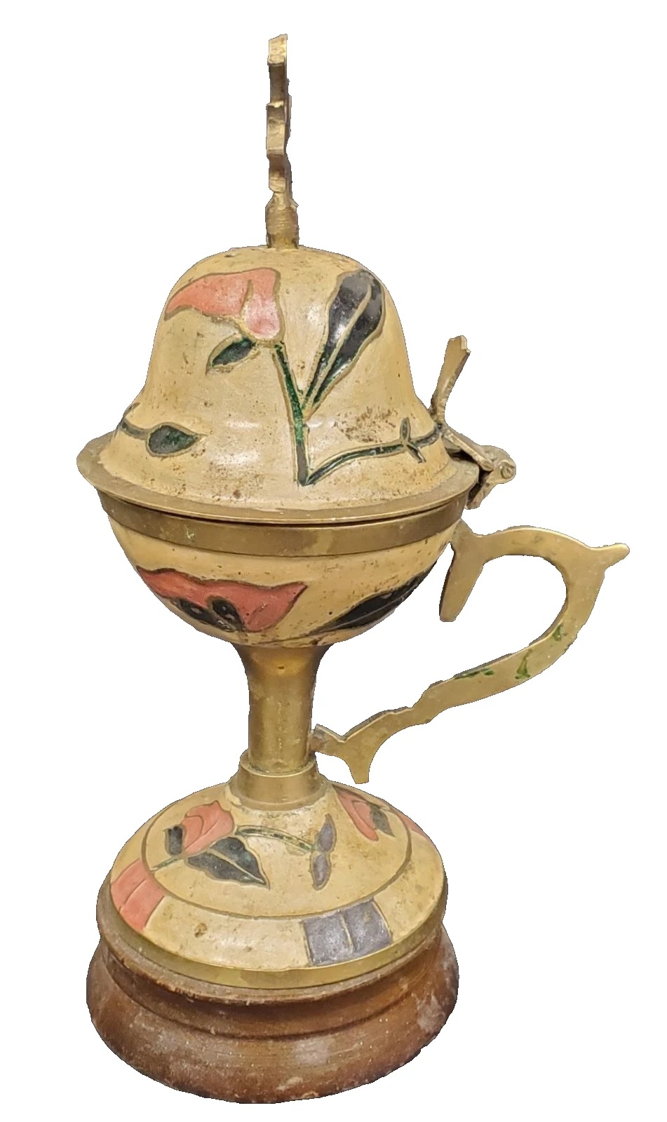 Vintage Enameled Hand Painted Brass Incense Burner India 7"