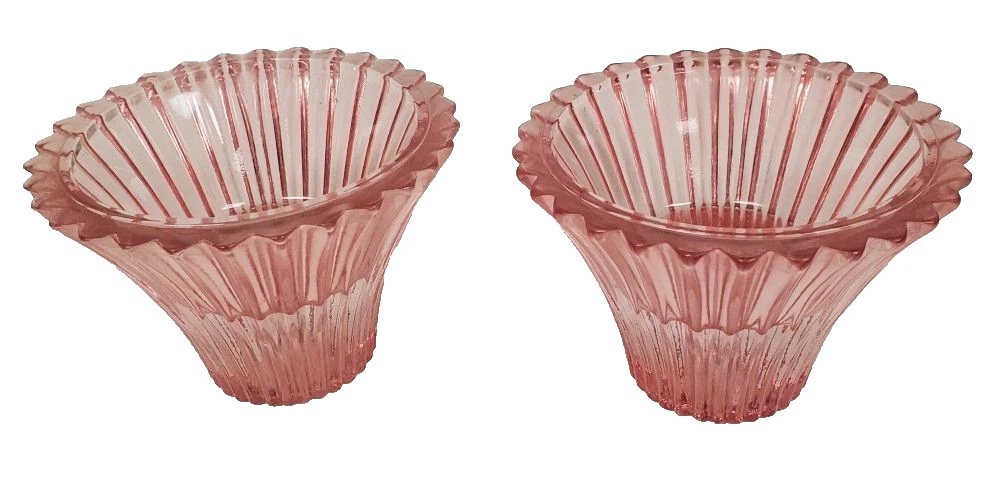 Vintage USA Pair of Ribbed Pink Cut Glass Votives Candle Holders