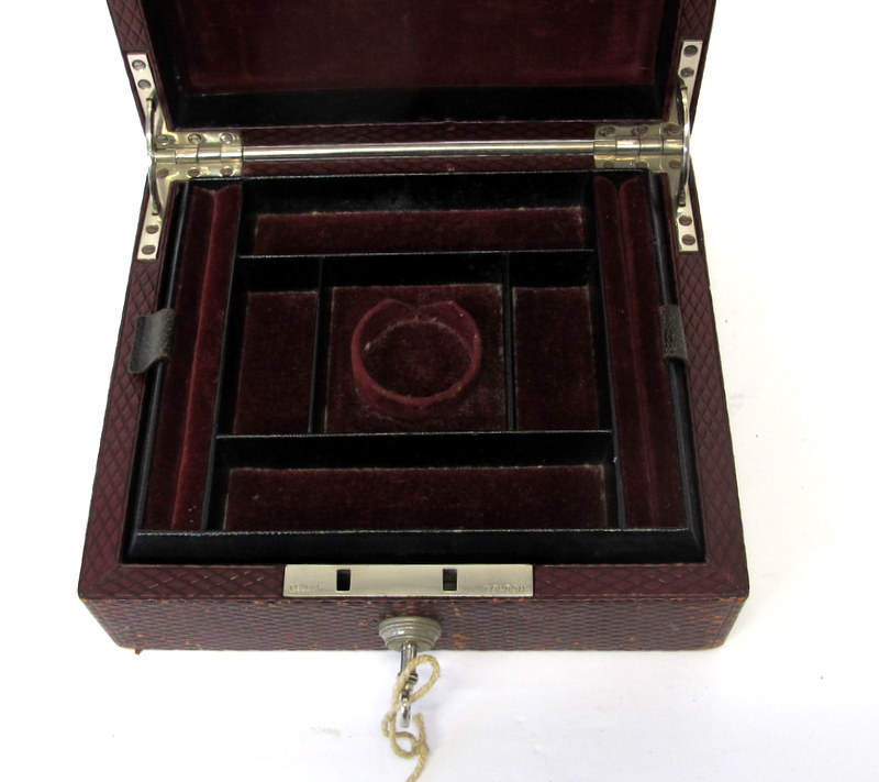 Antique Leather Jewelry Box with Authentic Bramah London Lock and Key