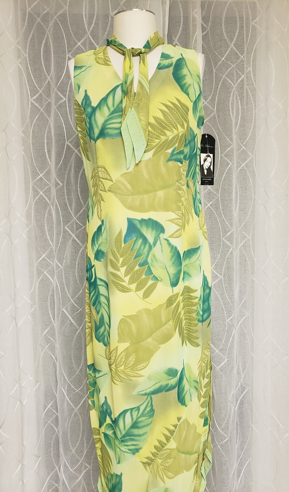 Vintage NWT Lori Weidner Tropical Leaves Print Tie Collar Sleeveless Asymmetric Hem Sheer Lined Women's Maxi Dress, Sz 10-US, Made in Canada