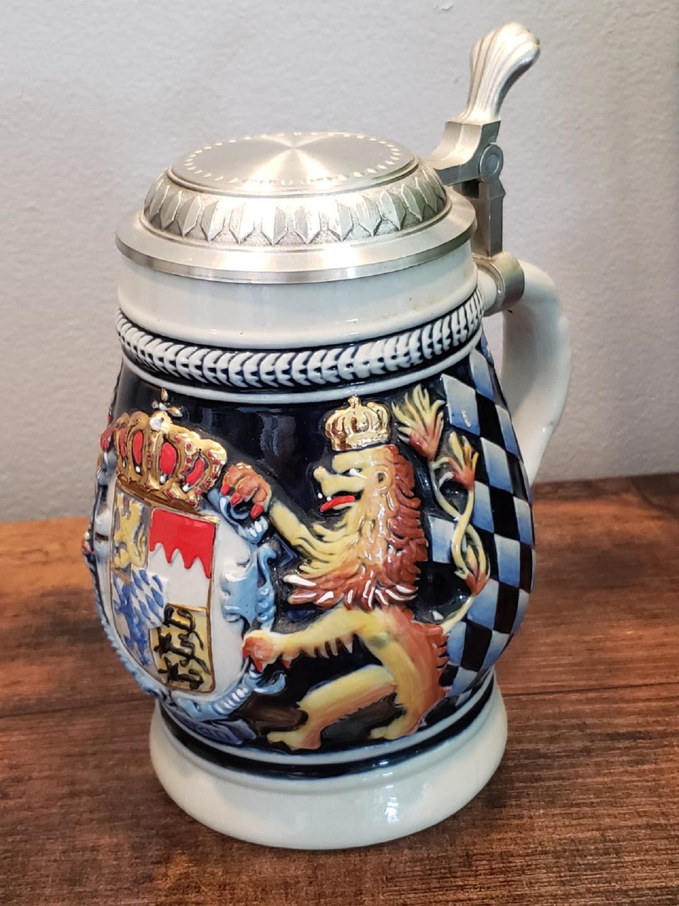 VTG Ceramic German Beer Stein with Pewter Lid "Bayern Coat of Arms