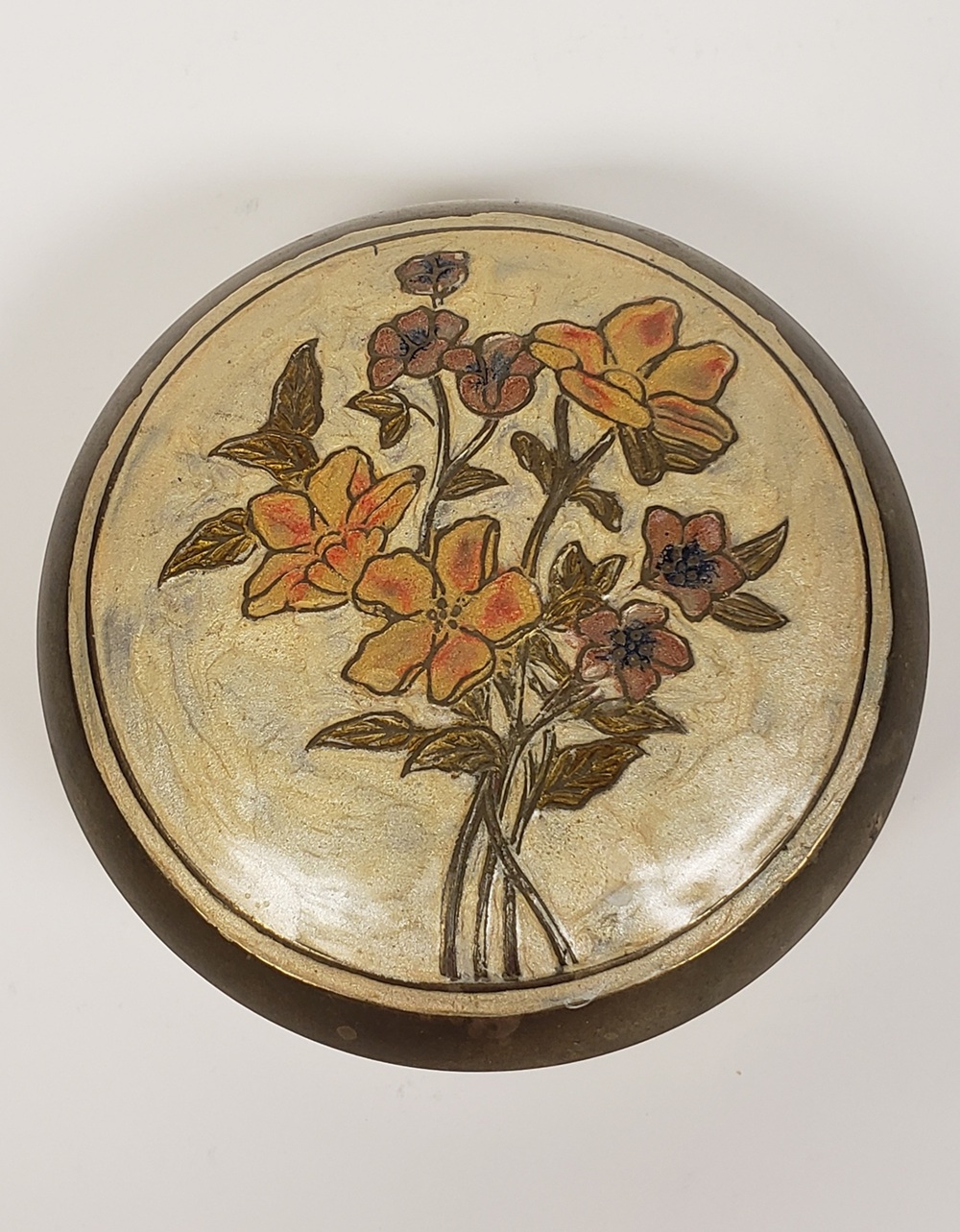 Vintage Solid Brass Enameled Floral Design Cloisonne Lidded Round Trinket Box, India