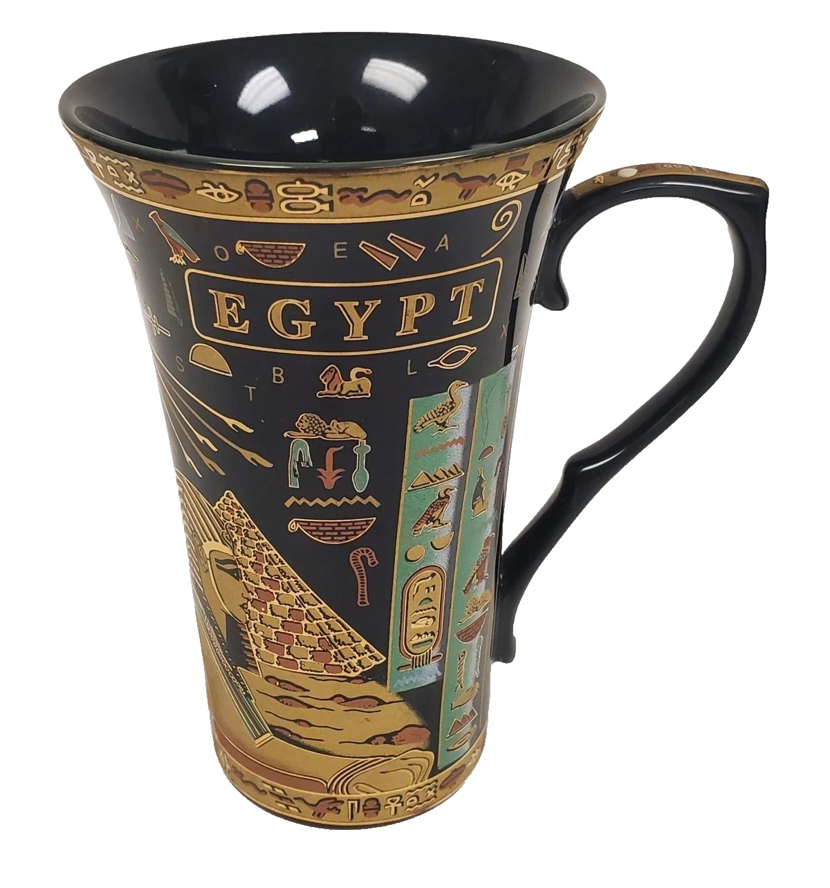 Vintage EDC Egypt Hieroglyphics Ceramic Coffee Mug Black and Gold