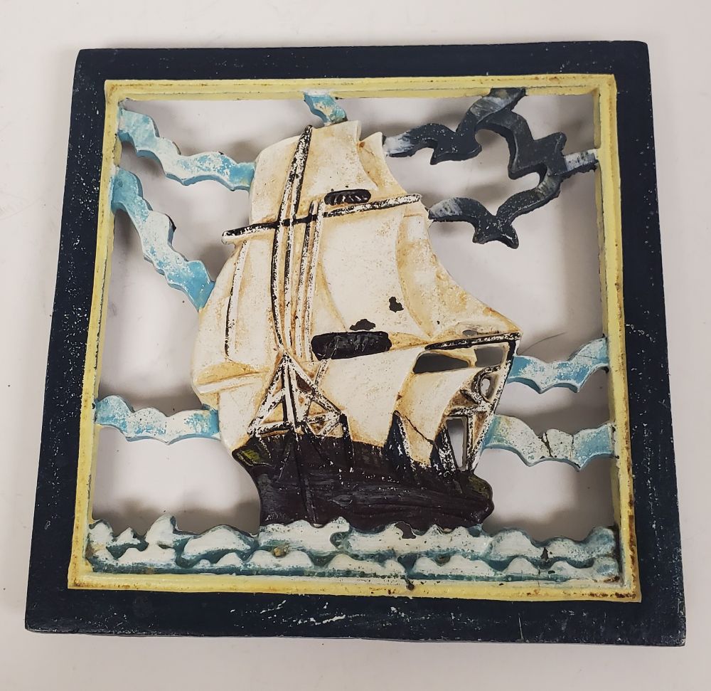 Vintage Hand Painted Nautical Ship Iron Hot Plate 6" x 6"