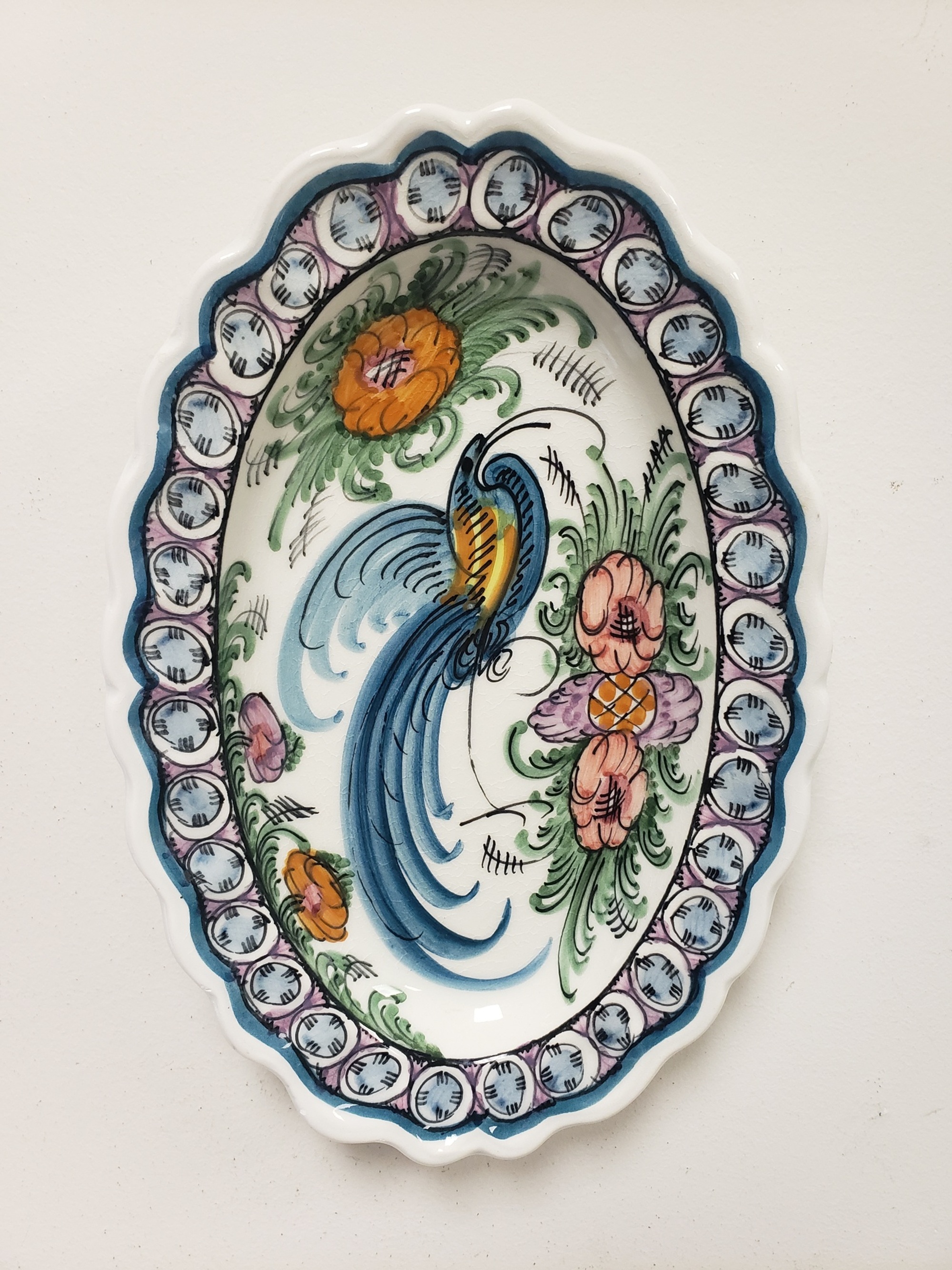 KN Skyros Greece Painted Peacock Floral Oval Scalloped Ceramic Wall Hanging