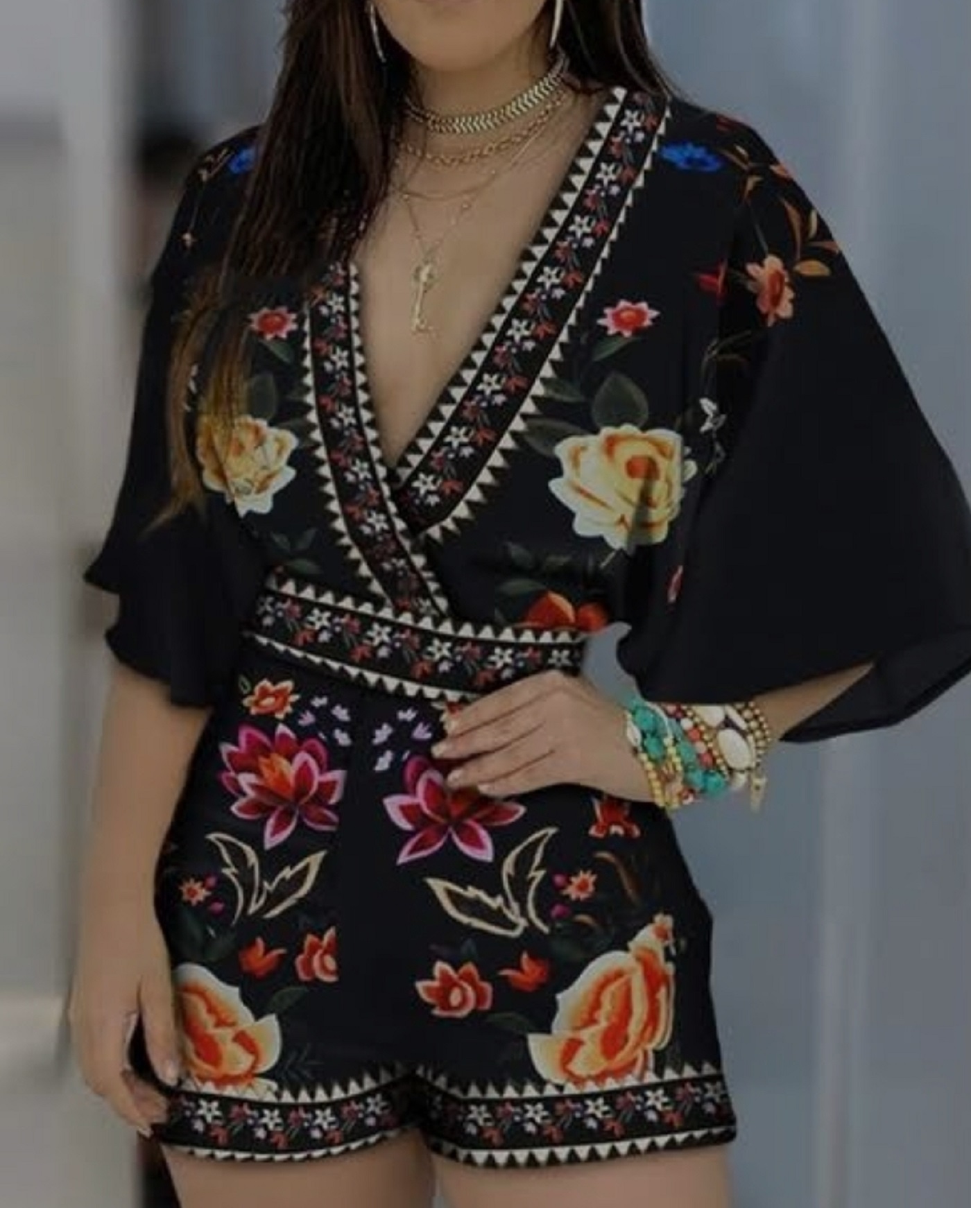 Rare Roses Floral-Print Mesh V-Neck Romper