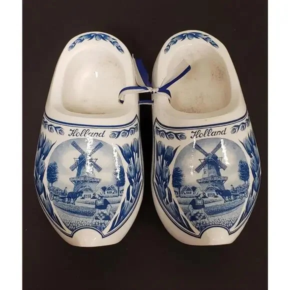 Hand Painted Holland Windmill-Tulips Farm Wood Carved White & Blue Clog Shoes