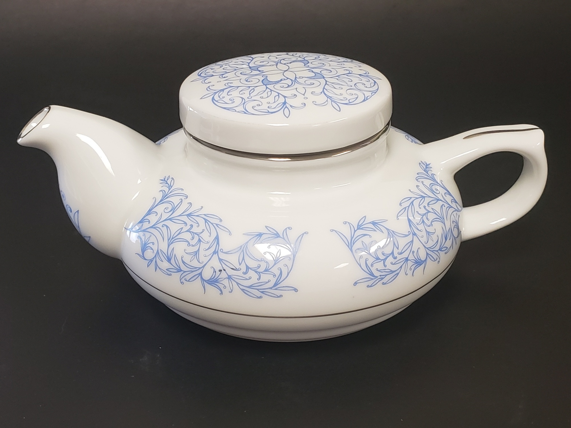 Vintage Mlesna White Porcelain Blue Floral Pattern Silver Trim Lidded Teapot, Sri Lanka