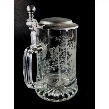 Vintage West German Etched Glass Beer Mug With Lid - Geese In Flight