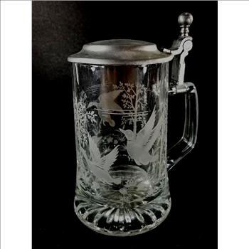 Vintage West German Etched Glass Beer Mug With Lid - Geese In Flight
