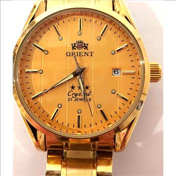 Mens Gold Color Orient Three Star 21 Jewel Wrist Watch
