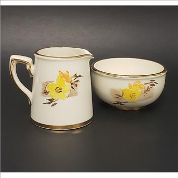 Vintage Sadler Pottery Made in England Hand Painted Yellow Floral Gilded Creamer and Sugar Bowl Set