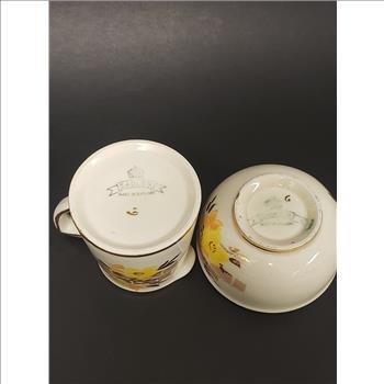 Vintage Sadler Pottery Made in England Hand Painted Yellow Floral Gilded Creamer and Sugar Bowl Set