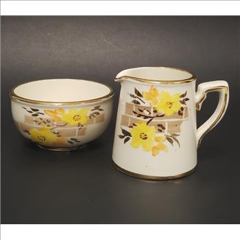 Vintage Sadler Pottery Made in England Hand Painted Yellow Floral Gilded Creamer and Sugar Bowl Set