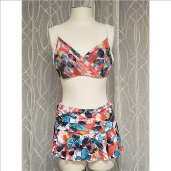 Women's 2-Pc Floral Mesh Overlay Top Ruched Ruffled Skort Bottom Swimwear Sz L