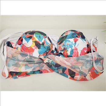 Women's 2-Pc Floral Mesh Overlay Top Ruched Ruffled Skort Bottom Swimwear Sz L