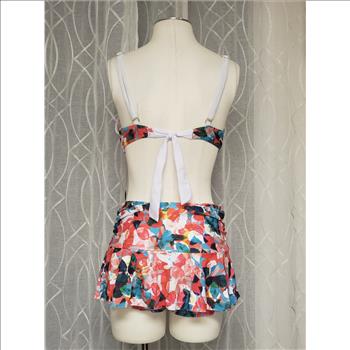 Women's 2-Pc Floral Mesh Overlay Top Ruched Ruffled Skort Bottom Swimwear Sz L