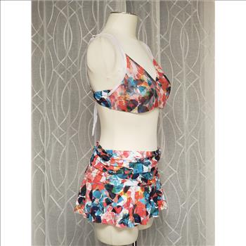Women's 2-Pc Floral Mesh Overlay Top Ruched Ruffled Skort Bottom Swimwear Sz L