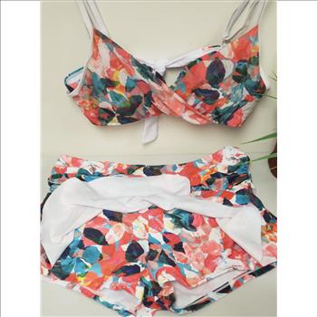 Women's 2-Pc Floral Mesh Overlay Top Ruched Ruffled Skort Bottom Swimwear Sz L