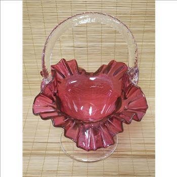 Vintage Hand Blown Ruffled Edge Cranberry Clear Handle & Pedestal Basket Glass Figurine 