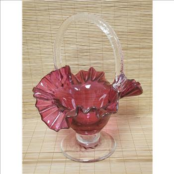 Vintage Hand Blown Ruffled Edge Cranberry Clear Handle & Pedestal Basket Glass Figurine 