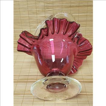 Vintage Hand Blown Ruffled Edge Cranberry Clear Handle & Pedestal Basket Glass Figurine 