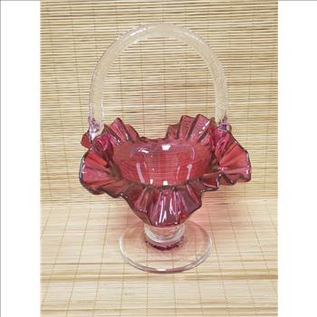 Vintage Hand Blown Ruffled Edge Cranberry Clear Handle & Pedestal Basket Glass Figurine 