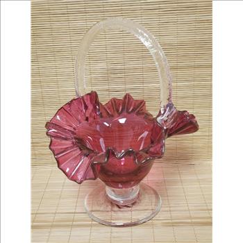 Hand Blown Ruffled Edge Cranberry Clear Handle & Pedestal Glass Basket