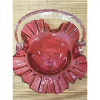 Hand Blown Ruffled Edge Cranberry Clear Handle & Pedestal Glass Basket
