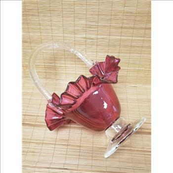 Hand Blown Ruffled Edge Cranberry Clear Handle & Pedestal Glass Basket