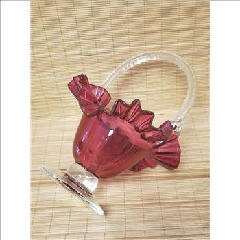 Hand Blown Ruffled Edge Cranberry Clear Handle & Pedestal Glass Basket